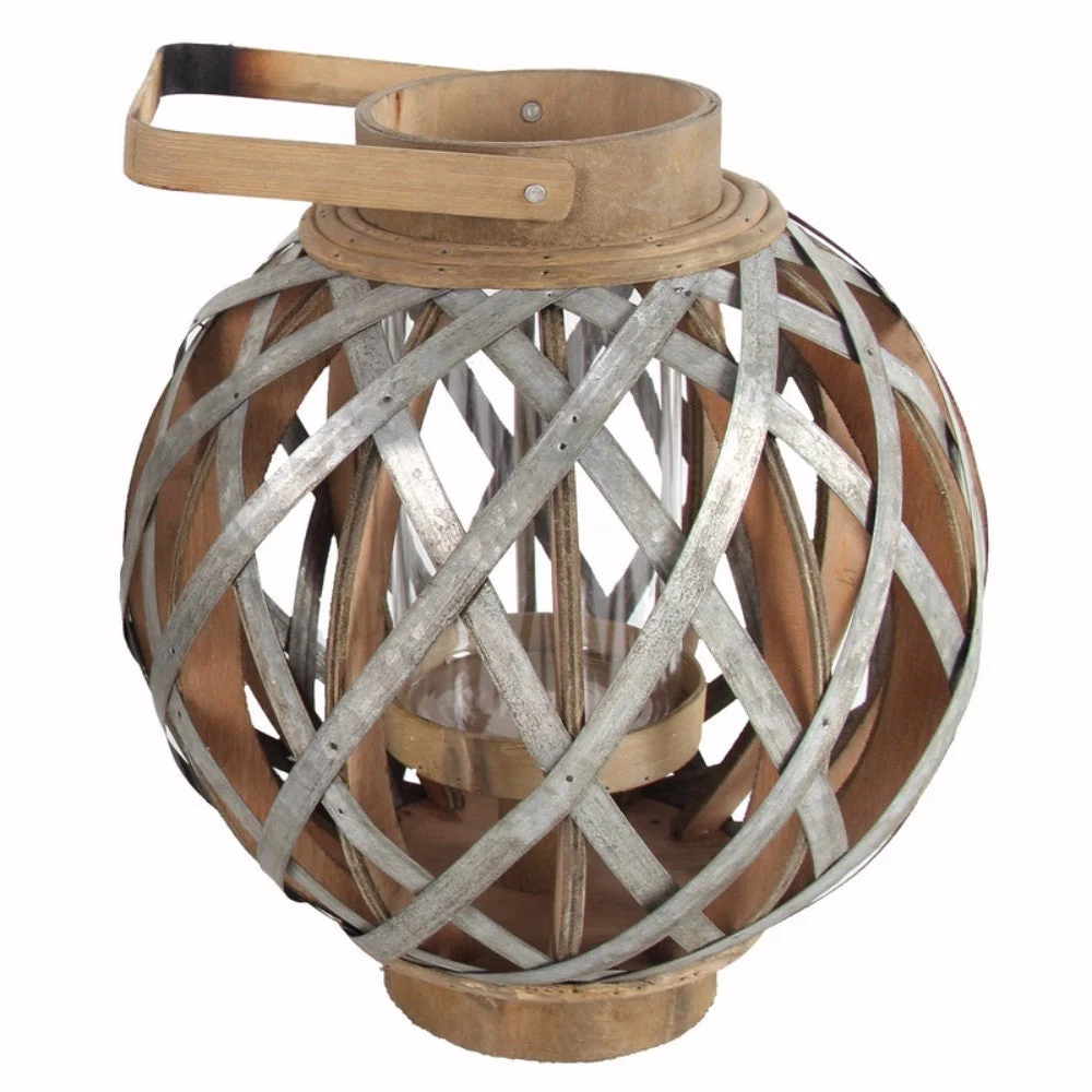 Benzara Wood and Metal Round Shanghai Lantern, Silver and Brown