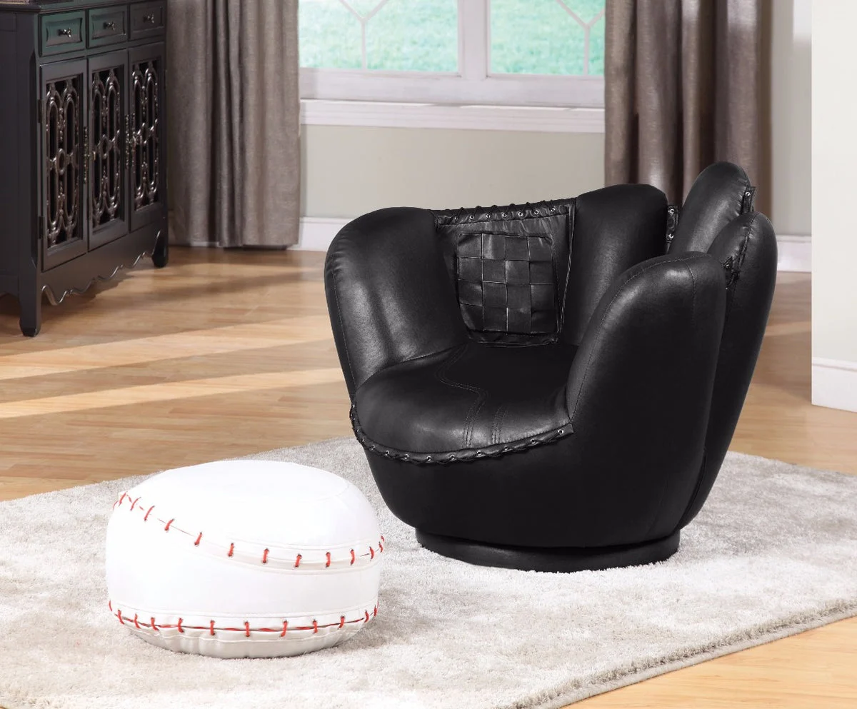 Benzara All Star 2 Piece Pack Chair & Ottoman,Baseball Black and White
