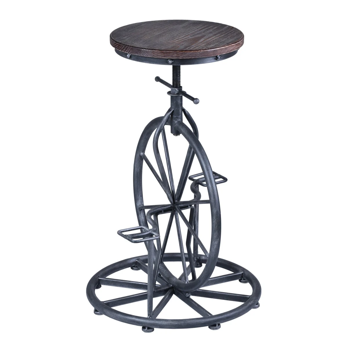 Benzara Unicycle Design Base Metal Adjustable Barstool with Wooden Top, Gray