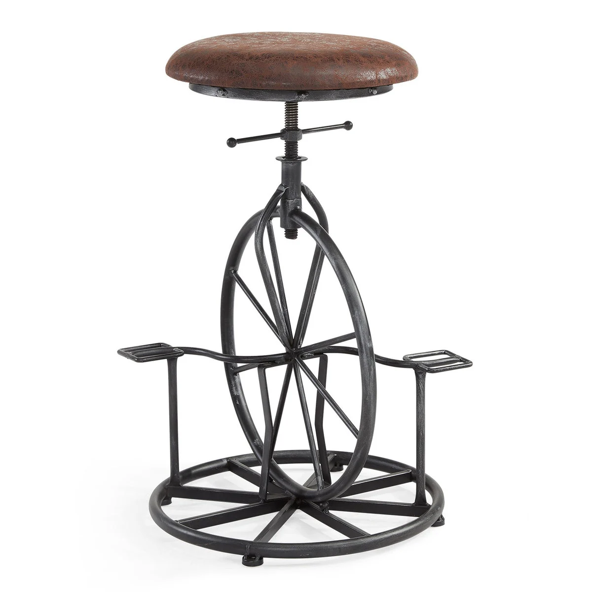 Benzara Unicycle Design Metal Adjustable Barstool with Round Seat, Gray and Brown
