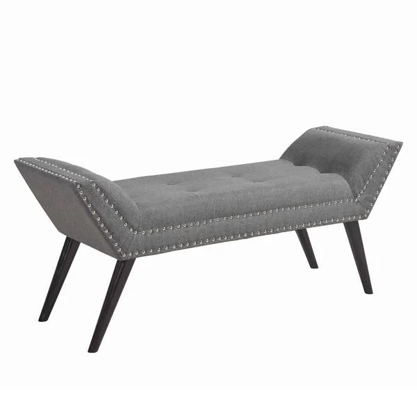 Benzara Fabric Ottoman Bench with Angled Legs and Flared Armrests, Charcoal Gray