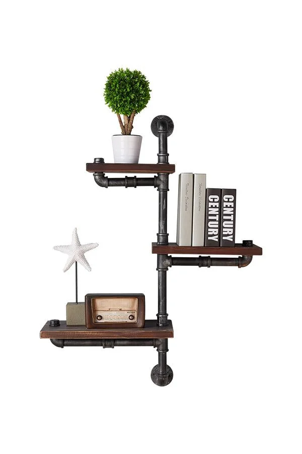 Benzara Metal Body Floating Three Wall Shelves with Pipe Design, Gray and Brown