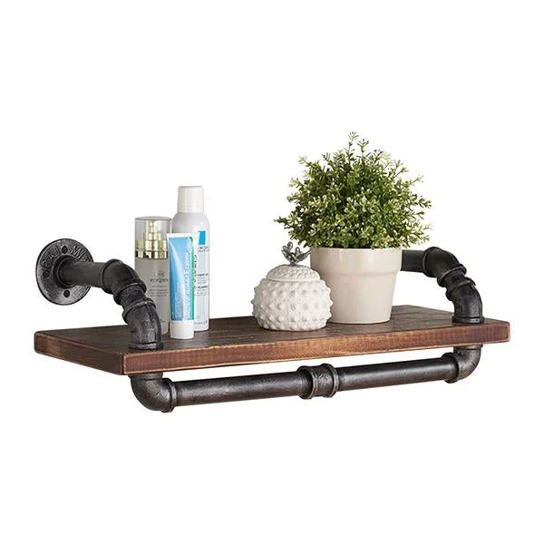 Benzara BM155702 24" Wood and Metal Floating Wall Shelf, Walnut Brown & Gray