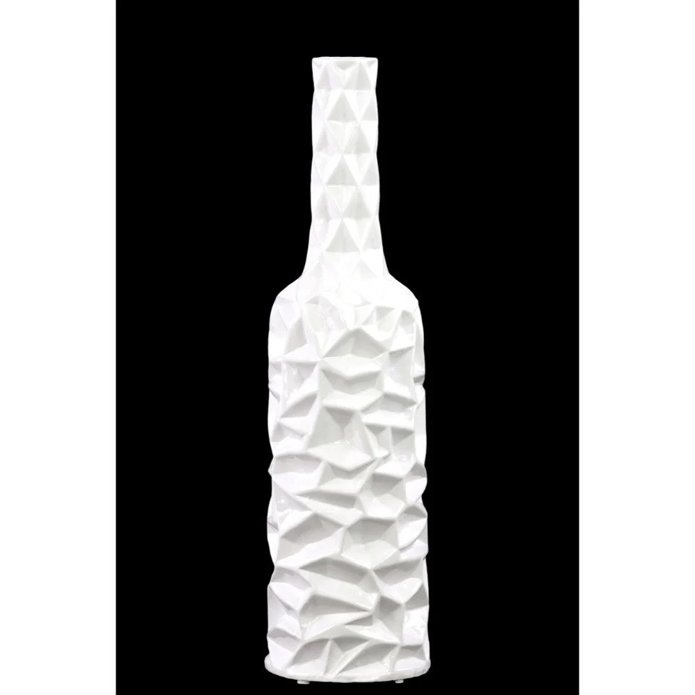 Benzara Ceramic Bottle Vase with Wrinkled Sides, Large, White
