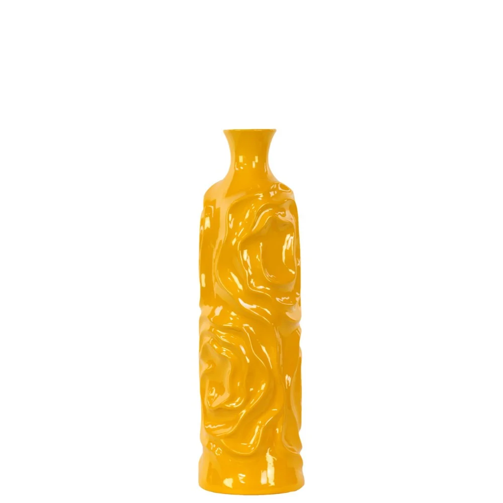 Benzara Ceramic Vase with Wrinkled Sides, Medium, Yellow