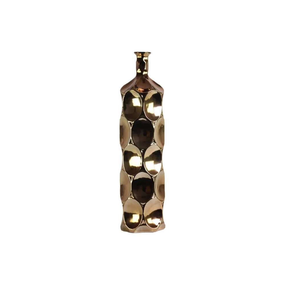 Benzara Narrow Neck Ceramic Bottle Vase with Dimpled Pattern, Large, Copper