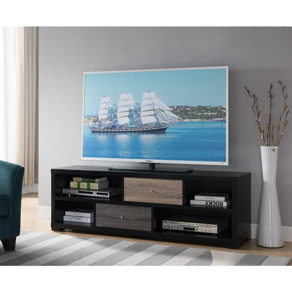 Benzara Wooden TV Stand with 4 Storage Shelves, Black