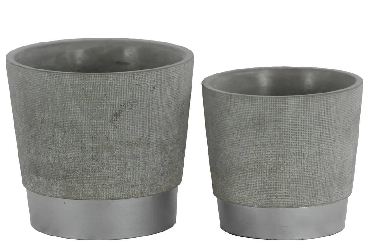 Benzara Round Cemented Flower Pot on Silver Banded Rim Base, Set of 2, Gray