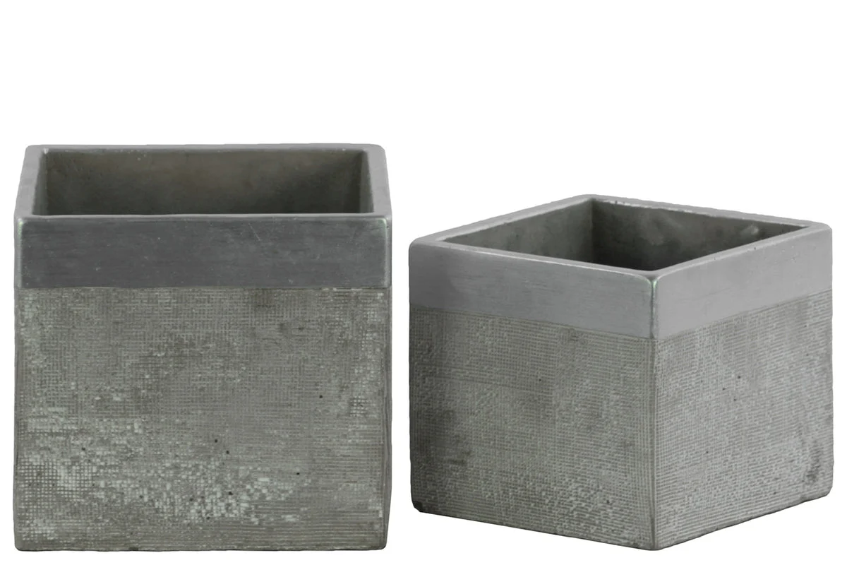 Benzara Square Cemented Flower Pot With Silver Banded Rim Top, Set of 2, Gray