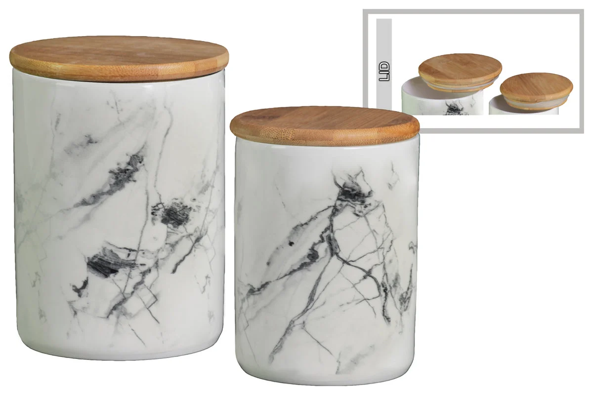 Benzara Ceramic Cylindrical Canister With Bamboo Lid, Set of 2 Marbleized White