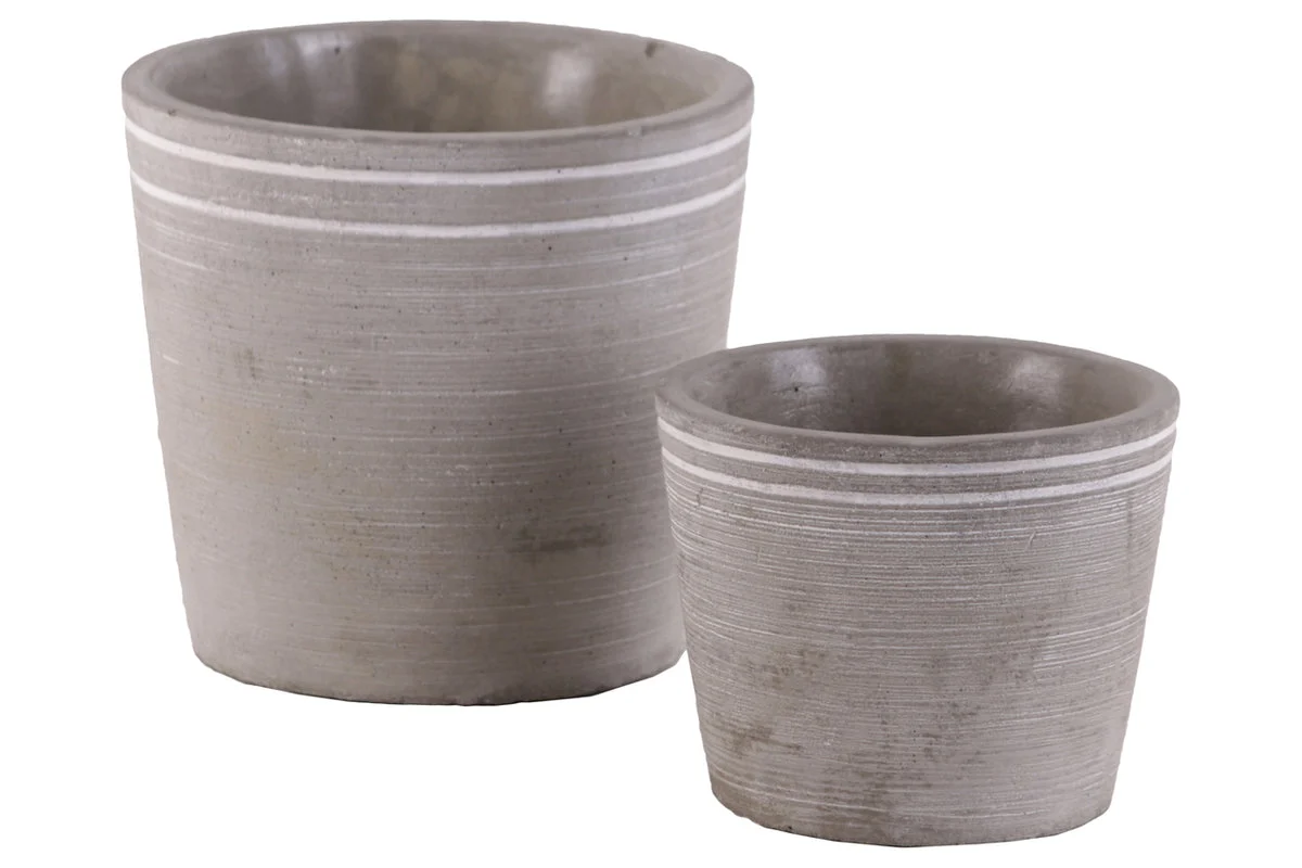 Benzara Cement Small Round White Banded Rim Pot With Tapered Bottom, Set of 2 Gray