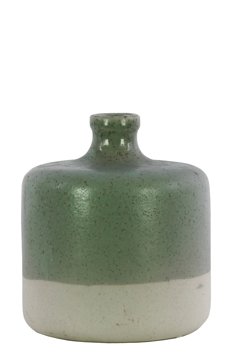 Benzara Ceramic Round Narrow Neck White Banded Rim Bottom Vase, Small, Green