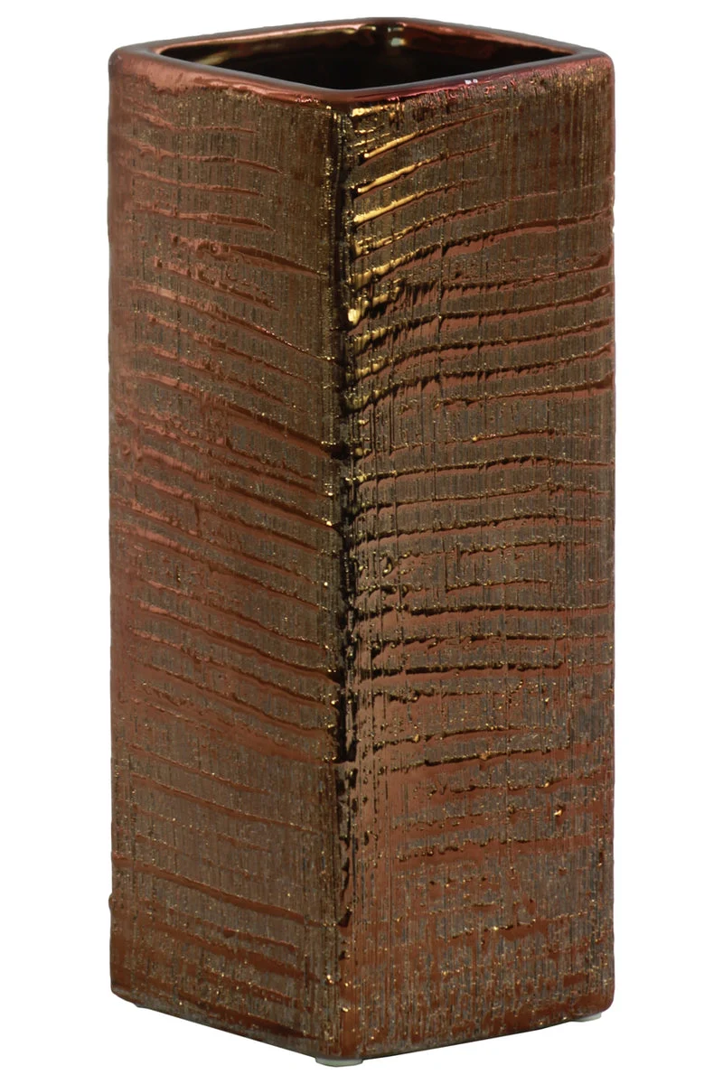 Benzara Ceramic Tall Square Ribbed Design Vase in Distressed Copper Finish
