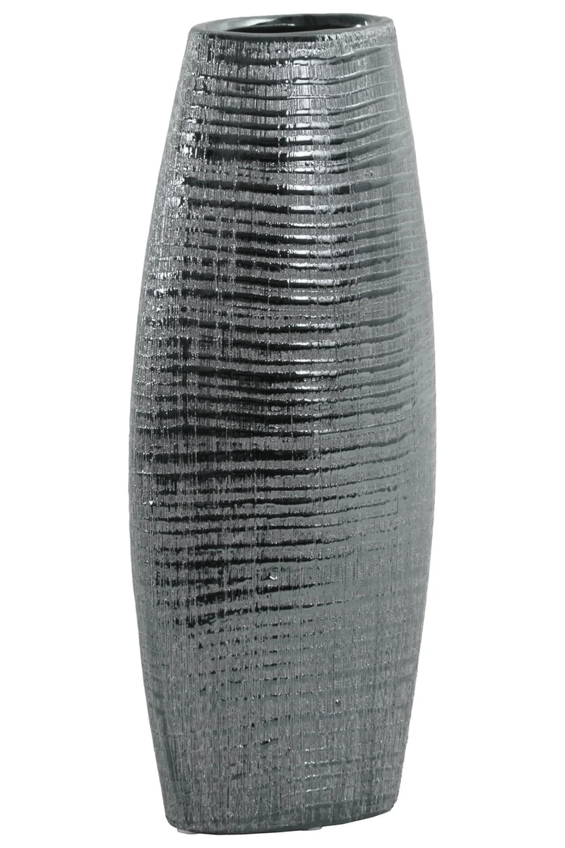 Benzara Ceramic Tall Ribbed Bellied Oval Vase With Tapered Botttom, Distressed Silver Finish