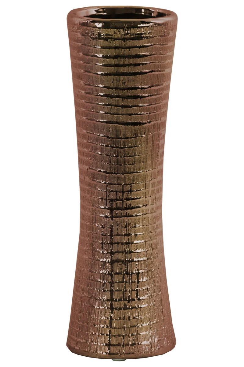 Benzara Ceramic Trumpet Mouth And Flared Bottom Ribbed Vase, Distressed Copper Finish