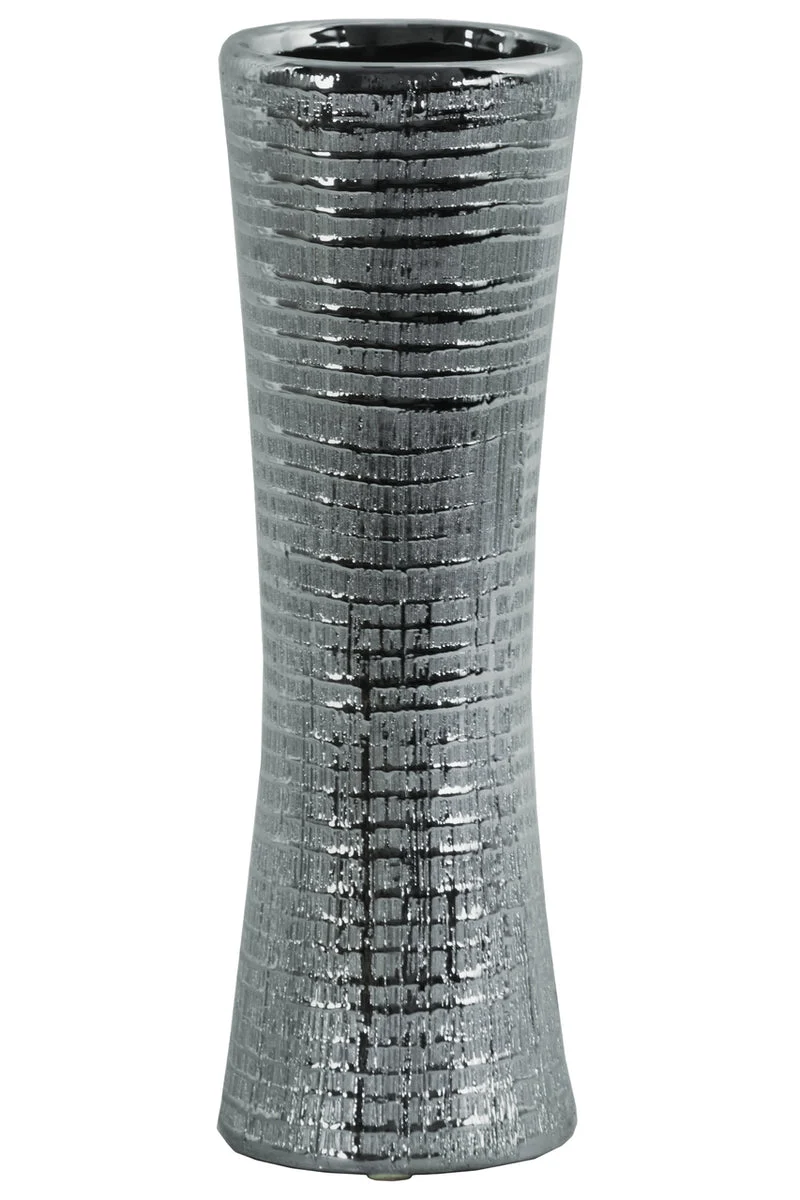 Benzara Ceramic Trumpet Mouth And Flared Bottom Ribbed Vase, Distressed Silver Finish