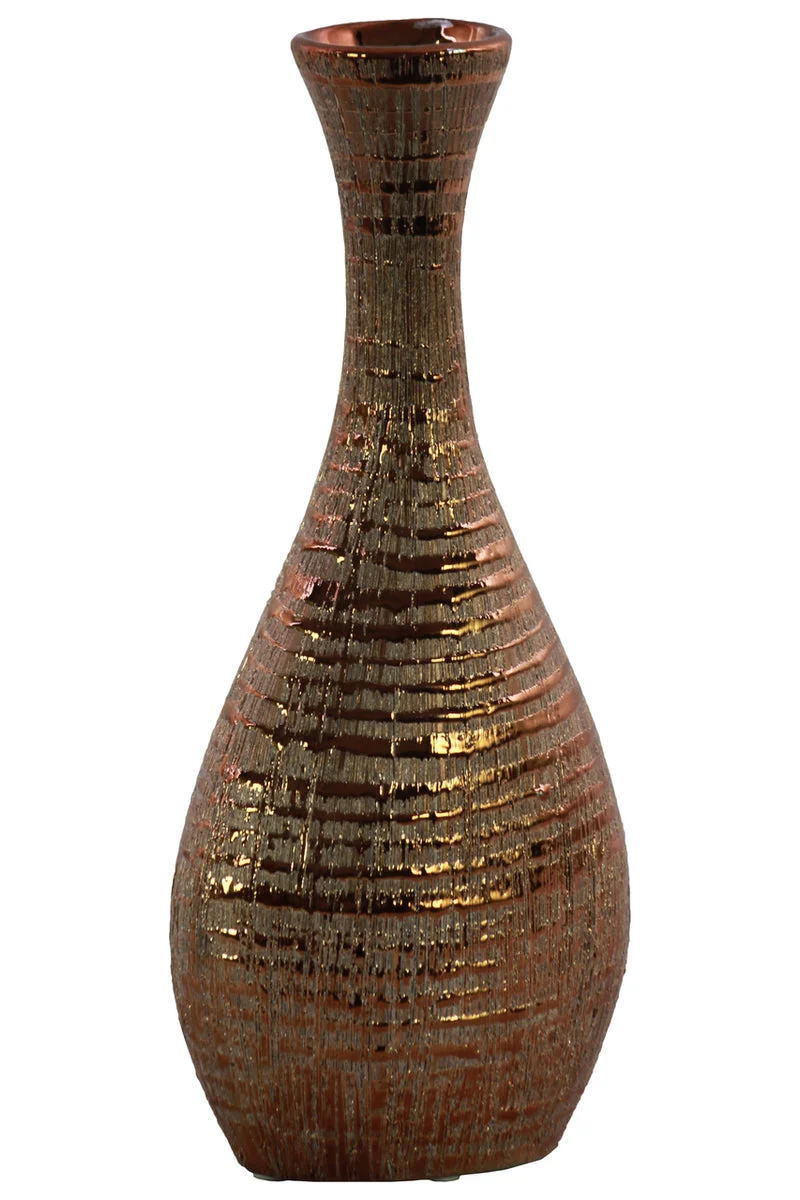Benzara Ceramic Trumpet Mouth Bellied Oval Long Neck Vase in Ribbed Distressed Copper Finish