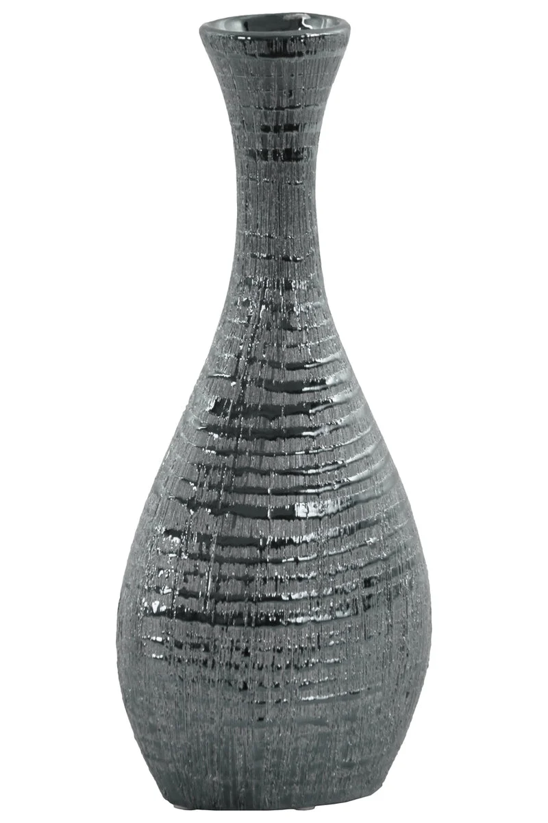Benzara Ceramic Trumpet Mouth Bellied Oval Long Neck Vase in Ribbed Distressed Silver Finish