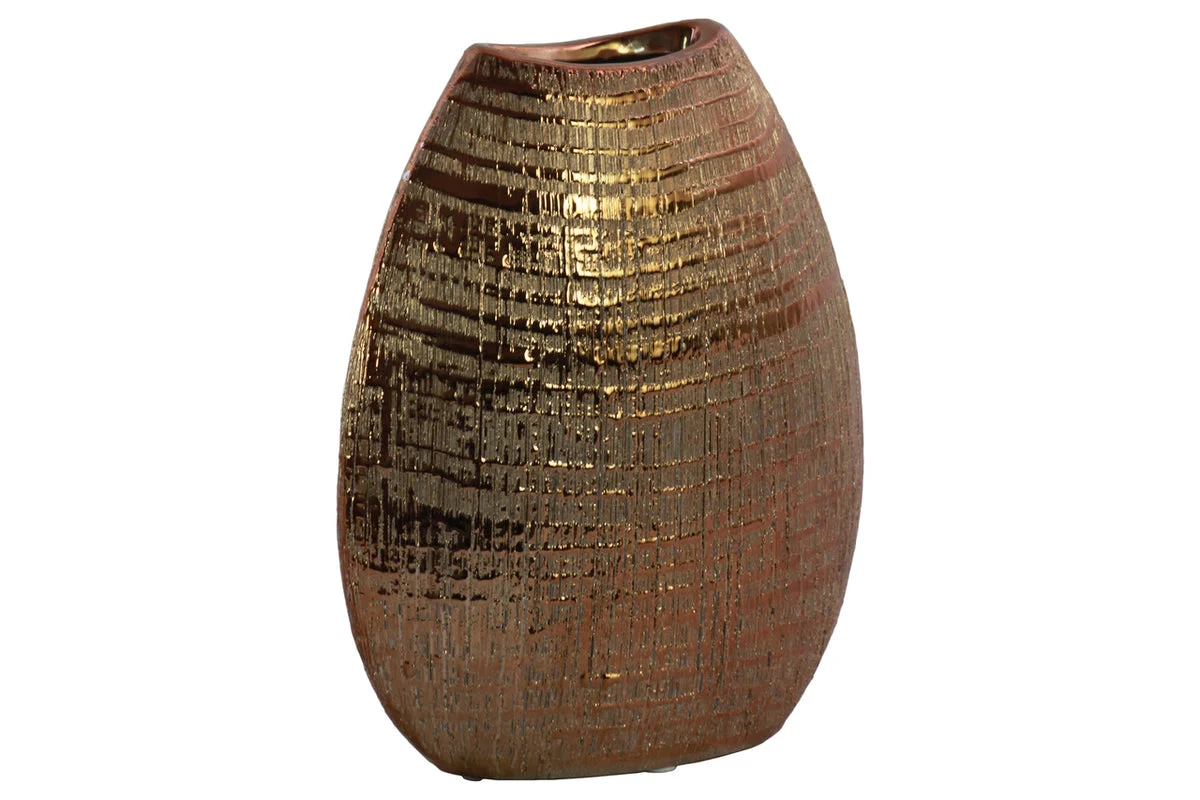 Benzara Ceramic Biconvex Crescent Ribbed Design Vase, Distressed Copper Finish