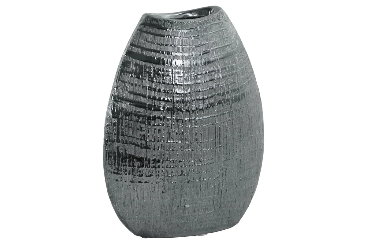 Benzara Ceramic Biconvex Crescent Ribbed Design Vase, Distressed Silver Finish