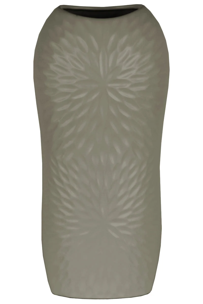 Benzara Ceramic Tall Engraved Leaf Design Half Circle Vase, Large, Gray
