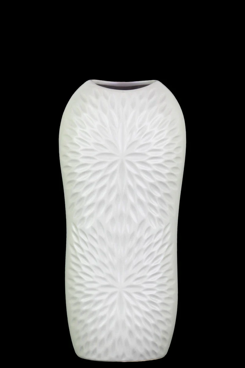 Benzara Ceramic Tall Engraved Leaf Design Half Circle Vase, Small, White