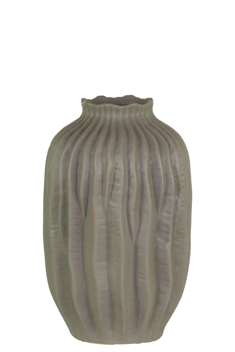 Benzara Ceramic Short Neck Round Patterned Vase With Wave Design, Small, Gray