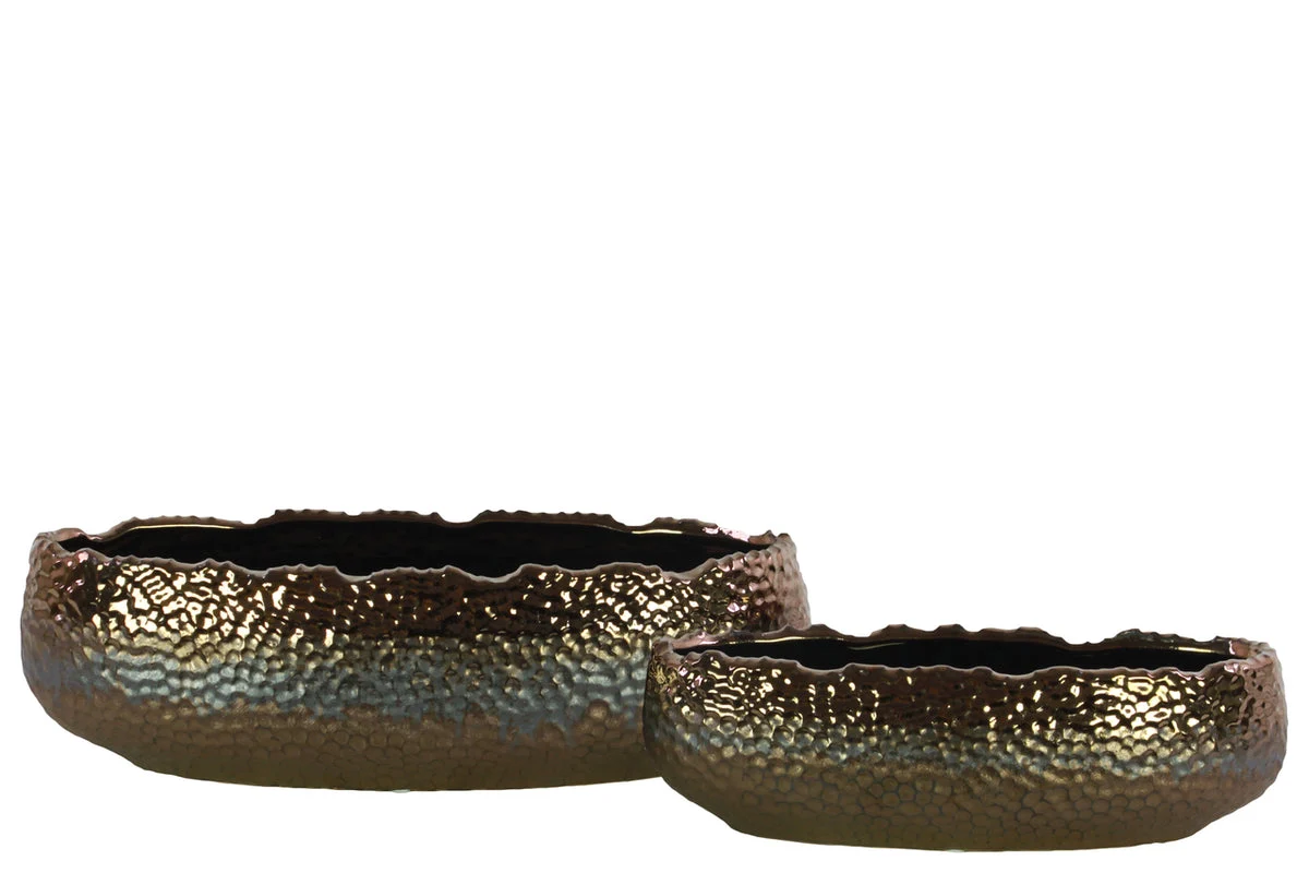 Benzara Embedded Fish Scale Irregular Lip Pot With Gloss Banded Rim Top, Set of 2, Gold