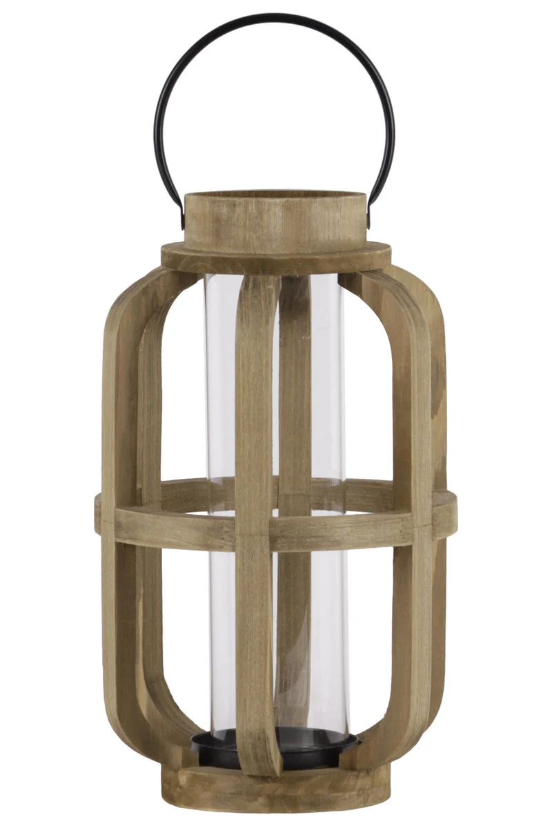 Benzara Wood Cylinder Metal Handle Lantern With Hurricane Candle Holder, Large, Brown