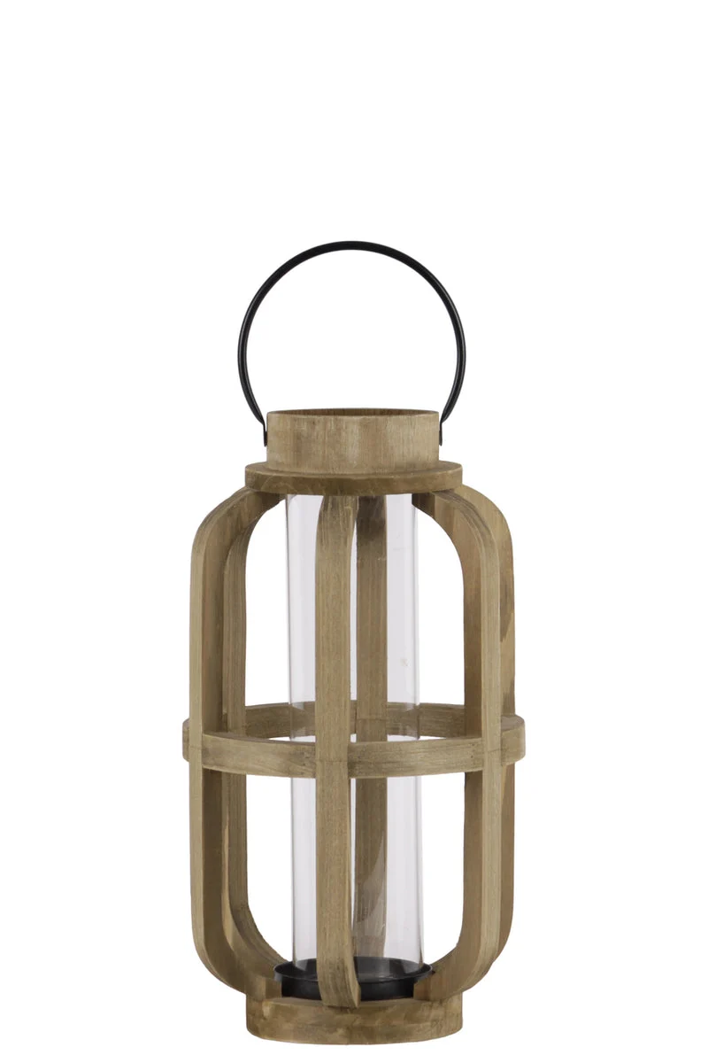 Benzara Wood Cylinder Metal Handle Lantern With Hurricane Candle Holder, Small, Brown