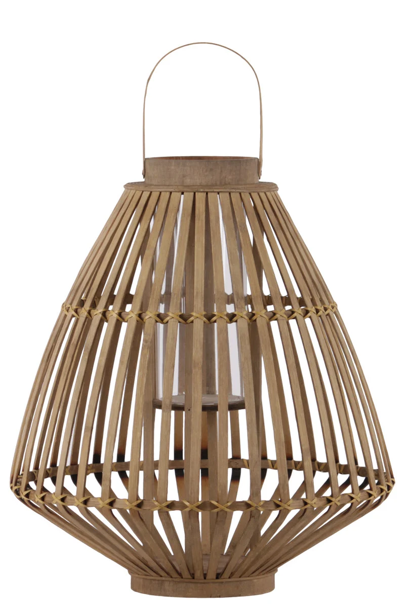 Benzara Bamboo Lattice Bellied Lantern with Hurricane Candle Holder, Large, Brown