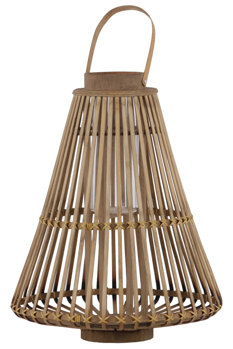Benzara Bamboo Lattice Bellied Lantern with Hurricane Candle Holder, Small, Brown