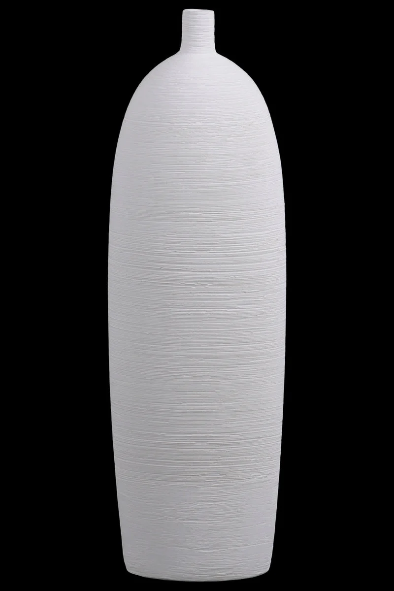 Benzara Ceramic Tall Cylindrical Short Neck Vase with Tapered Bottom in Combed Finish, White