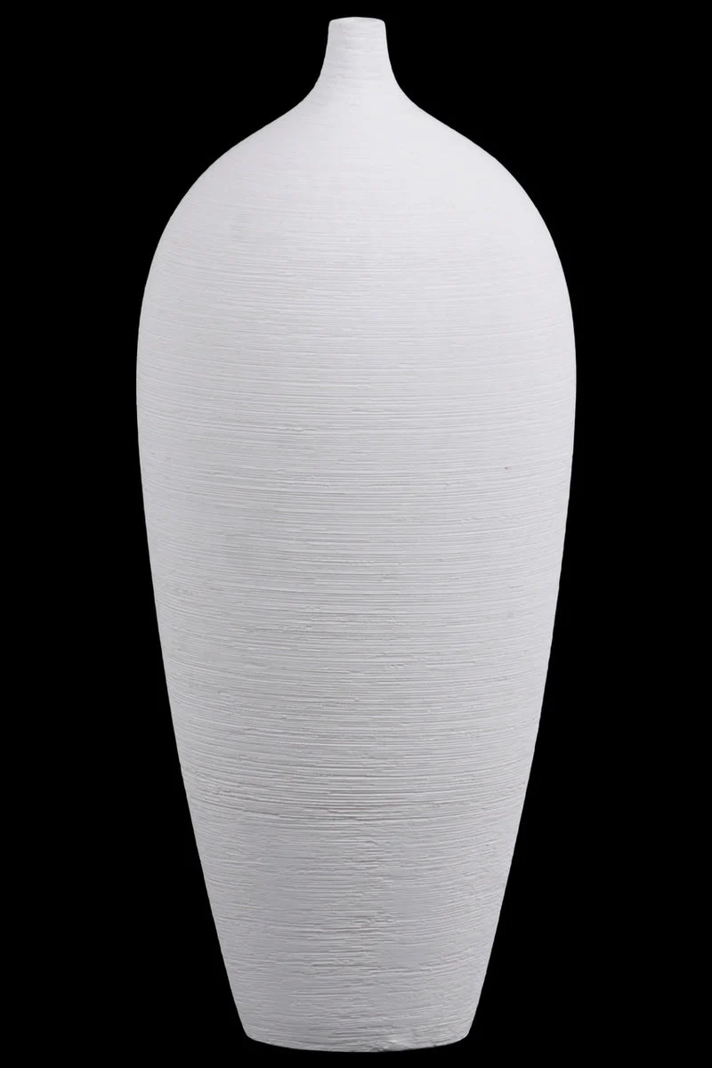 Benzara Ceramic Tall Round Short Neck Vase with Tapered Bottom in Combed Finish, White