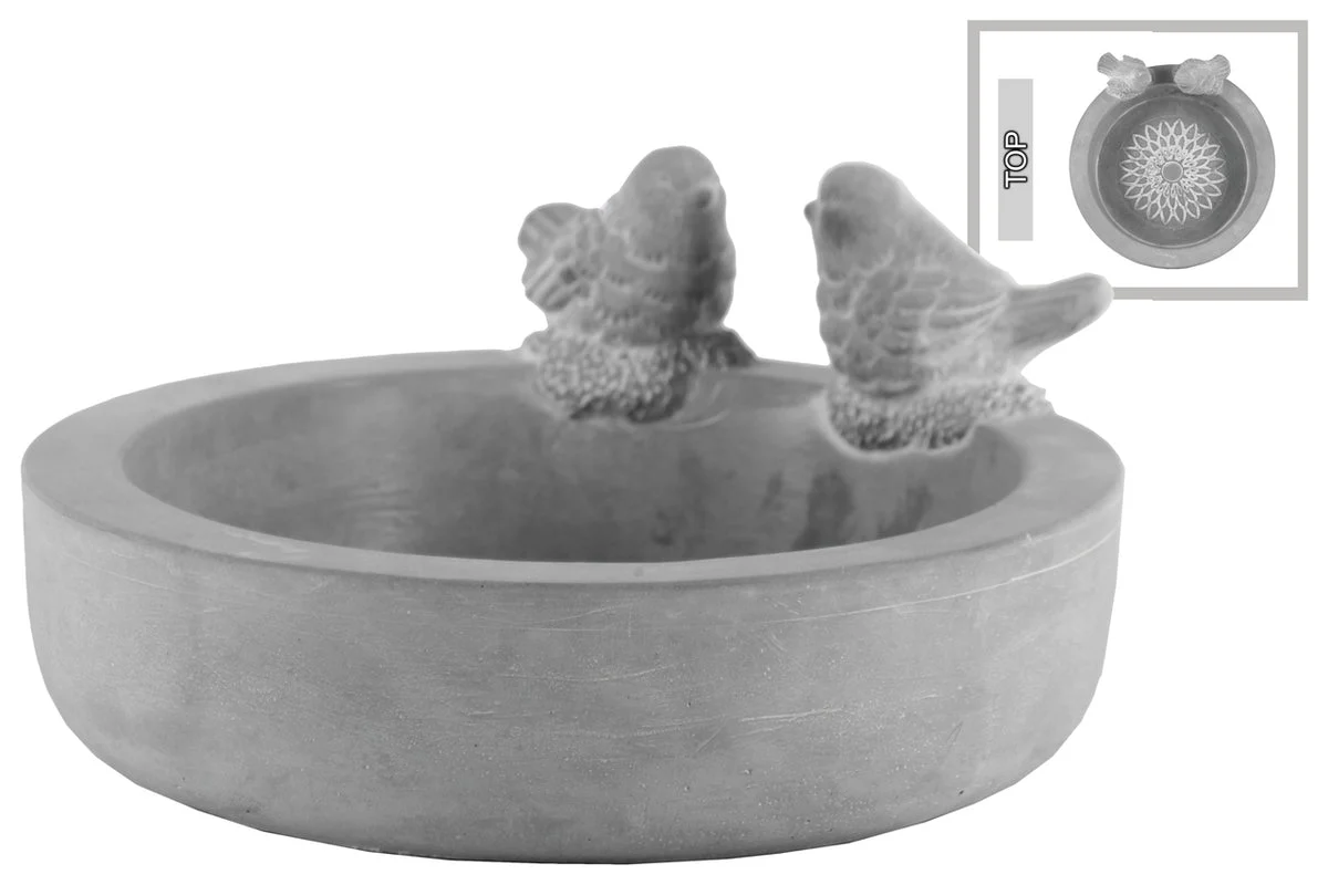 Benzara Cement Round Bowl with Bird Figurine and Engraved Floral Design Inside, Gray
