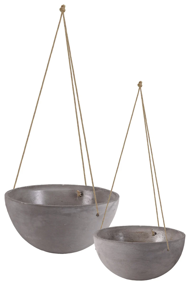 Benzara Cement Round Pot with Rope Hanger in Concrete Finish, Set of 2, Gray