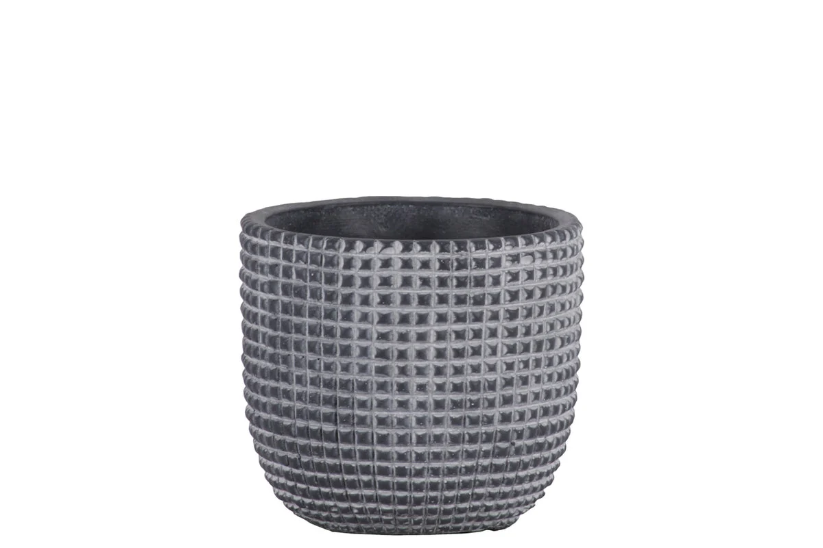 Benzara Cement Engraved Square Lattice Design Pot with Tapered Bottom, Small, Dark Gray