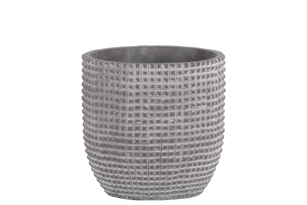 Benzara Cement Engraved Square Lattice Design Pot with Tapered Bottom, Medium, Light Gray