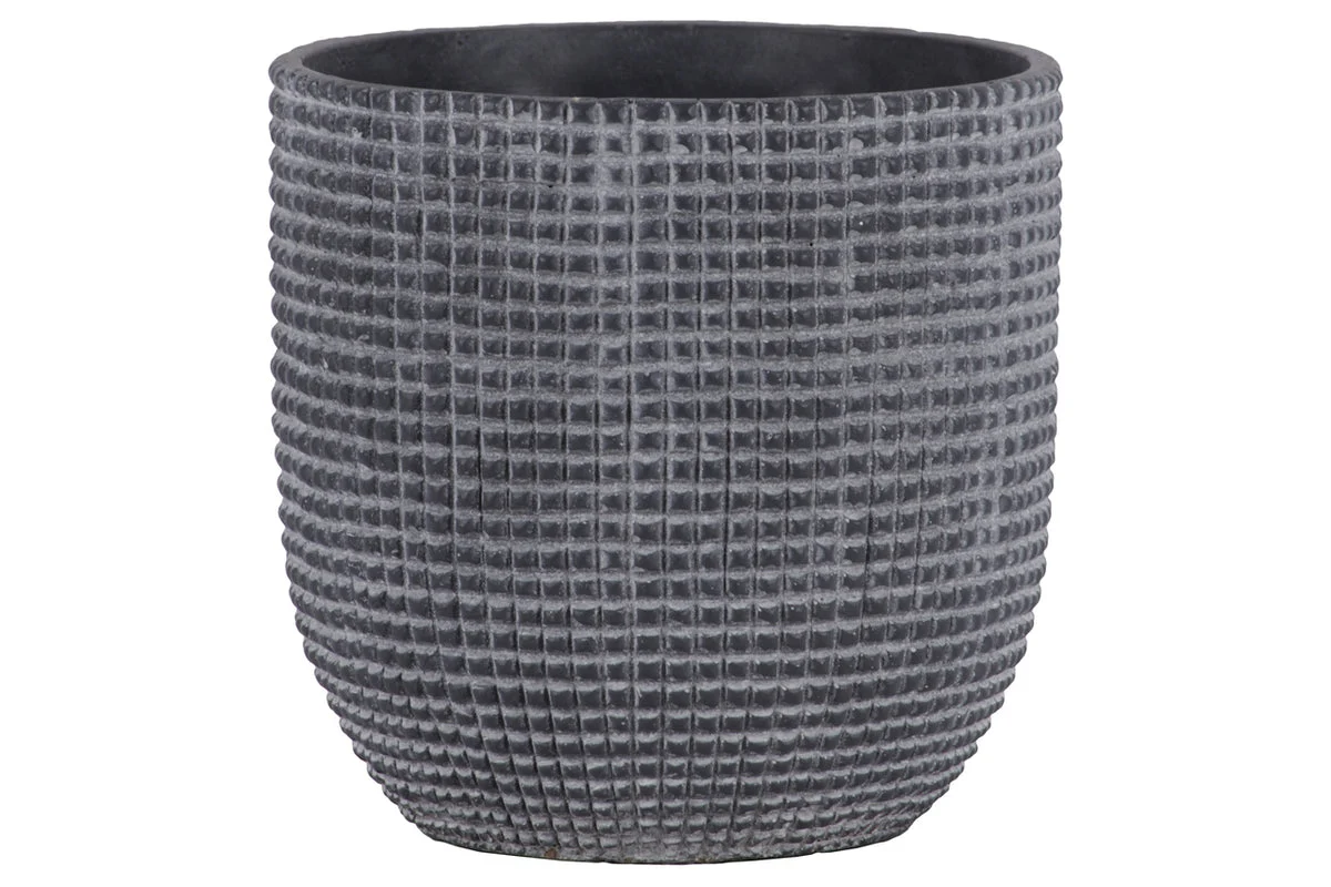 Benzara Cement Engraved Square Lattice Design Pot with Tapered Bottom, Large, Dark Gray