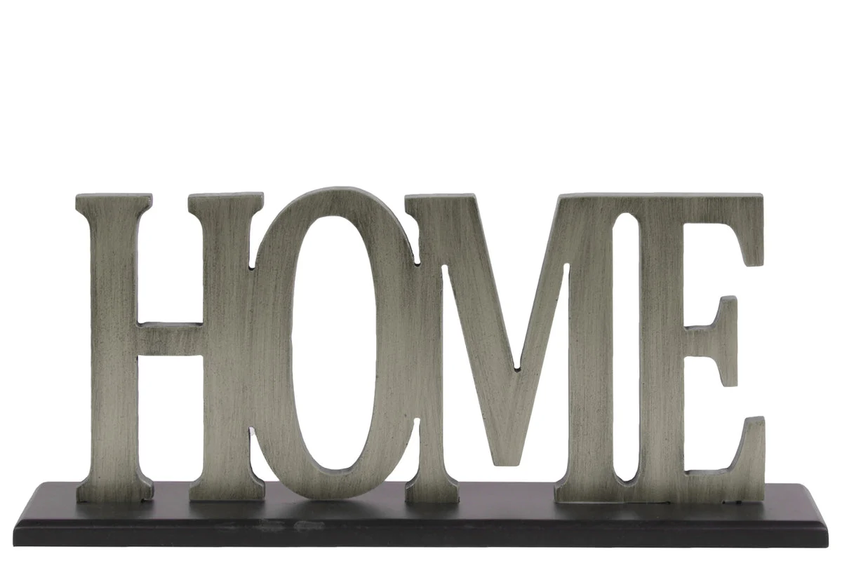 Benzara Wooden Home Letter Tabletop Decor on Rectangular Block Base, Gray and Black