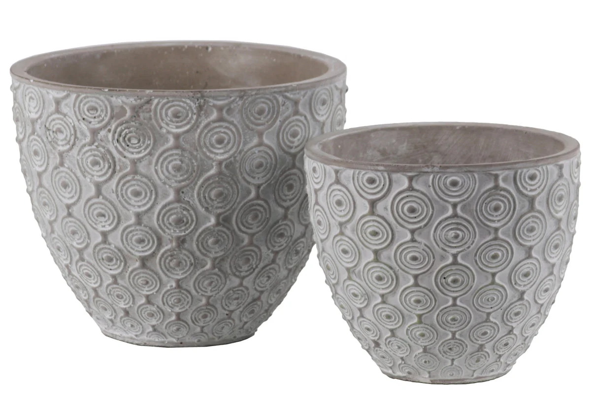 Benzara Cement Round Embossed Concentric Circle Design Pot, Set of 2, Gray