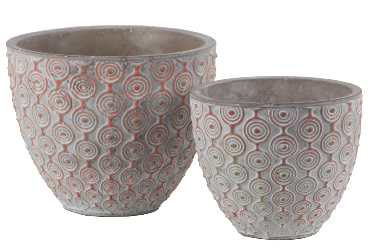 Benzara Cement Round Embossed Concentric Circle Design Pot, Set of 2, Vermillion