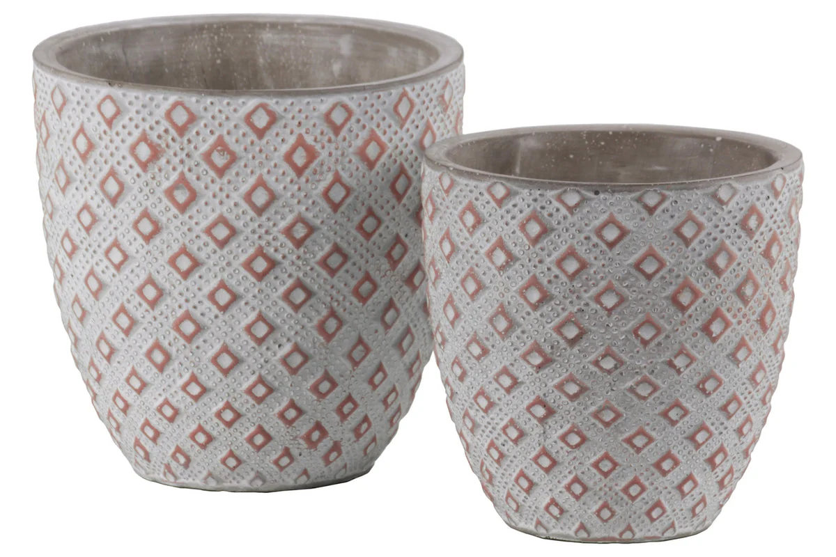 Benzara Cement Round Embossed Diamond Design Pot, Set of 2, Vermillion