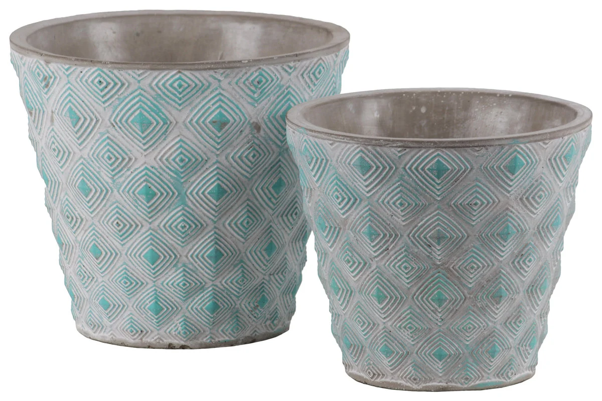 Benzara Cement Round Embossed Concentric Diamond Design Pot, Set of 2, Turquoise