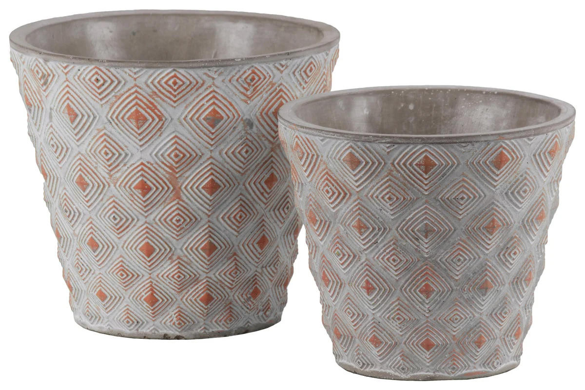 Benzara Cement Round Embossed Concentric Diamond Design Pot, Set of 2, Vermillion