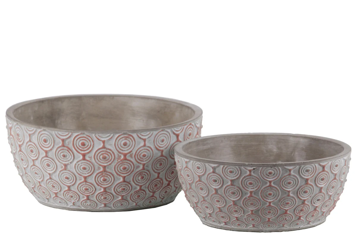 Benzara Cement Low Round Embossed Concentric Circle Design Pot, Set of 2, Vermillion