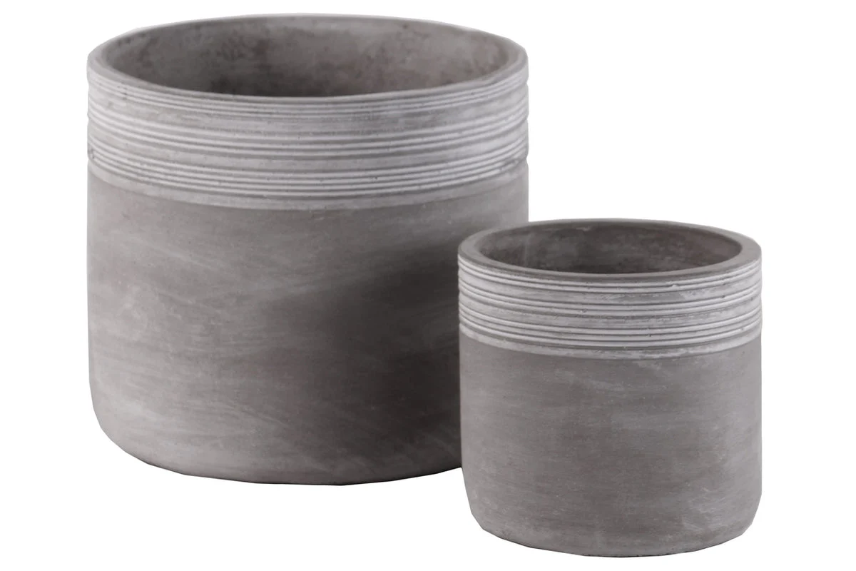Benzara Cement Round Pot with Ribbed Band Rim Top, Set of 2, Gray