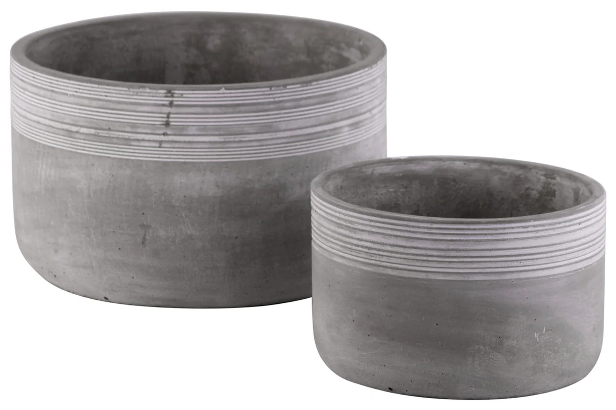 Benzara Cement Low Round Pot with Ribbed Band Rim Top, Set of 2, Gray