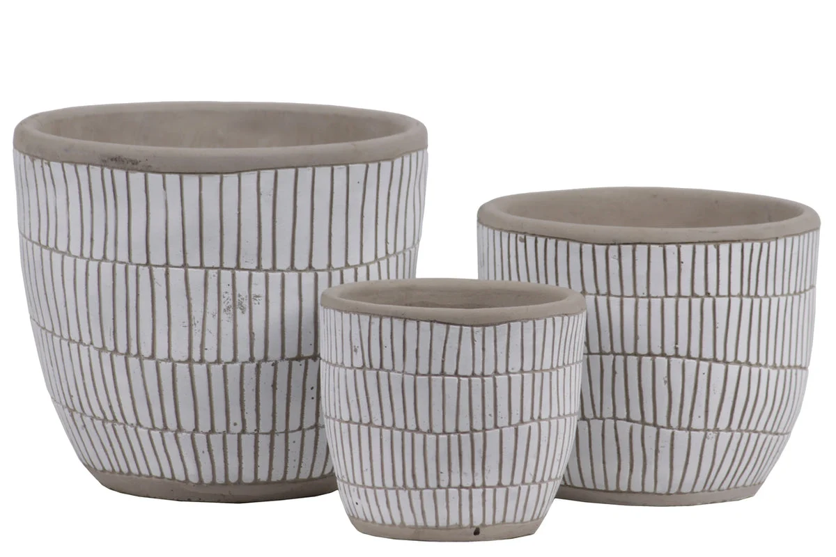Benzara Irregular Stoneware Pot with Embossed Lattice Rectangle Design, Set of 3, White