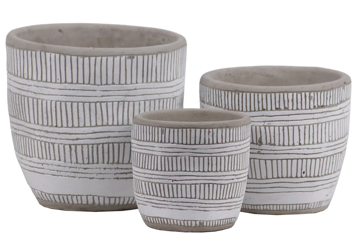 Benzara Irregular Stoneware Pot with Embossed Lattice Lines Design, Set of 3, White